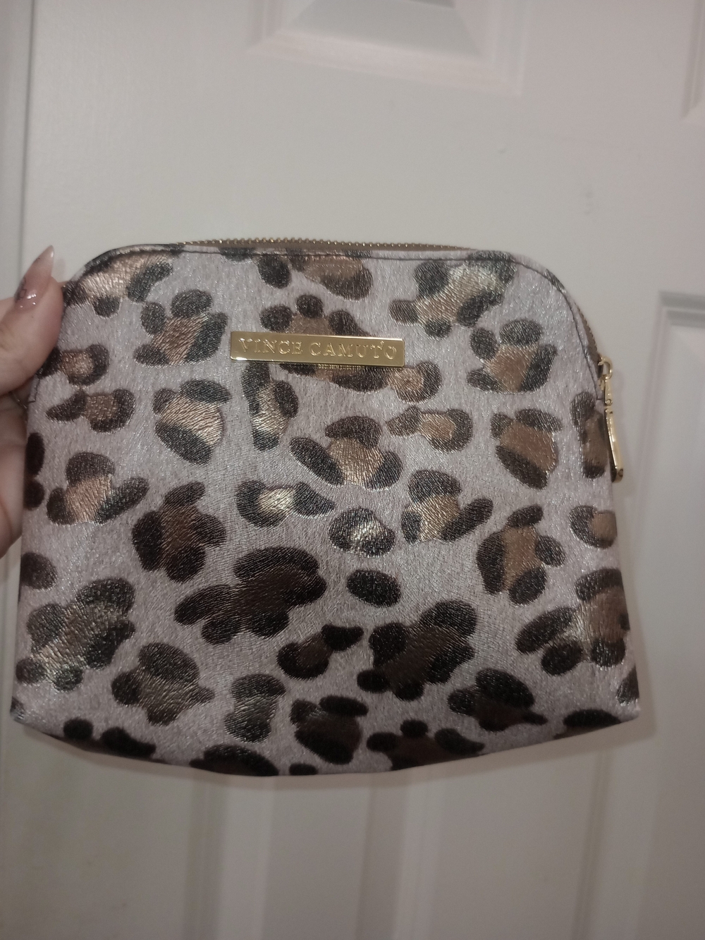 Vince Camuto Leopard Print Cosmetic Bag in Brown, Black, Cream